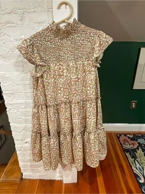 Smocked Floral Tiered Womens Dress - Pink & Cream